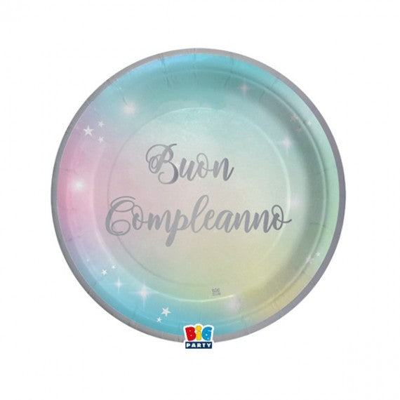 Piatto Soft Rainbow - Buon Compleanno - diametro 18 cm - carta - Big Party - conf. 8 pezzi