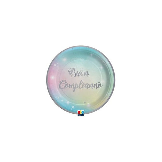 Piatto Soft Rainbow - Buon Compleanno - diametro 24 cm - carta - Big Party - conf. 8 pezzi