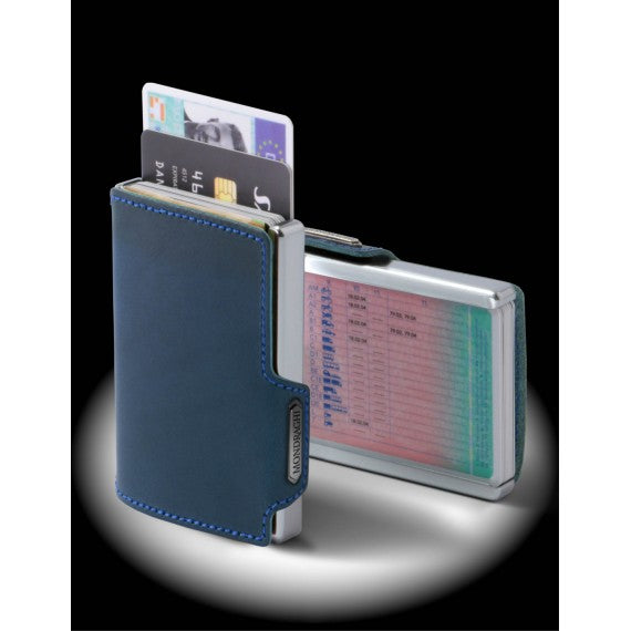PORTA TESSERE MONDRAGHI ELEGANCE BLUE - MINI WALLET IN PELLE CON PROTEZIONE RFID - 9 TESSERE CARDS + BANCONOTE MADE IN ITALY