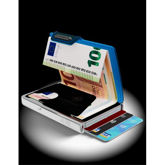PORTA TESSERE MONDRAGHI ELEGANCE BLUE - MINI WALLET IN PELLE CON PROTEZIONE RFID - 9 TESSERE CARDS + BANCONOTE MADE IN ITALY
