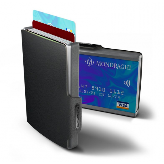 Porta tessere Mondraghi ONE BLACK ,mini wallet in pelle con protezione RFID,fino a 9 cards + banconote Made in Italy