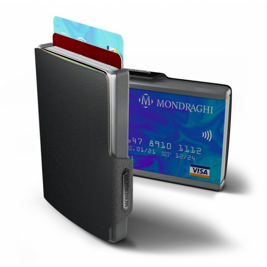 Porta tessere Mondraghi ONE BLACK ,mini wallet in pelle con protezione RFID,fino a 9 cards + banconote Made in Italy