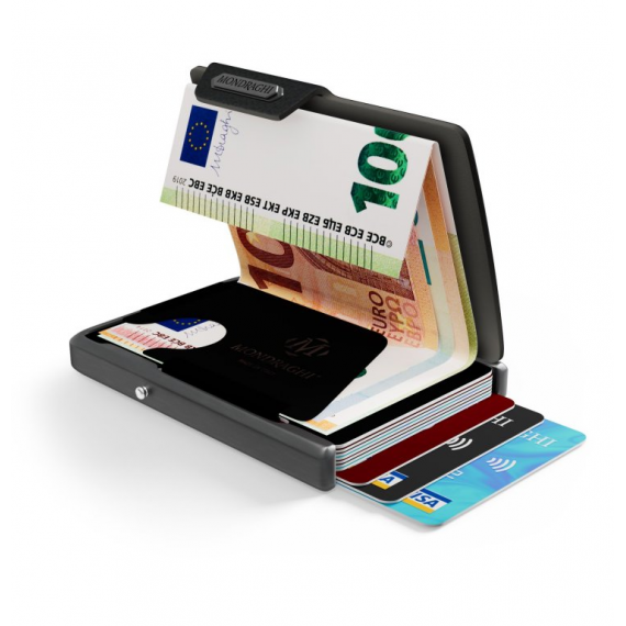 Porta tessere Mondraghi ONE BLACK ,mini wallet in pelle con protezione RFID,fino a 9 cards + banconote Made in Italy