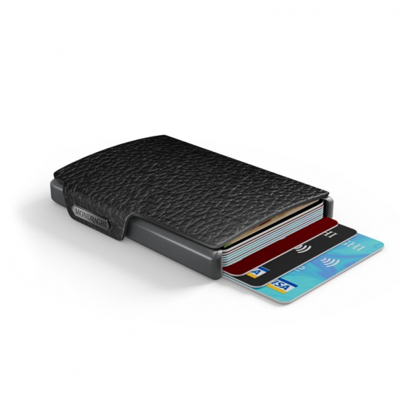 Porta tessere Mondraghi ONE BLACK ,mini wallet in pelle con protezione RFID,fino a 9 cards + banconote Made in Italy