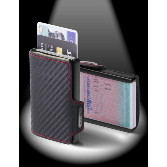 Porta tessere Mondraghi RACING CARBON,mini wallet in pelle con protezione RFID,fino a 9 tessere + banconote Made in Italy