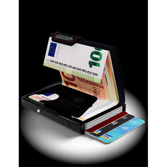 Porta tessere Mondraghi RACING CARBON,mini wallet in pelle con protezione RFID,fino a 9 tessere + banconote Made in Italy
