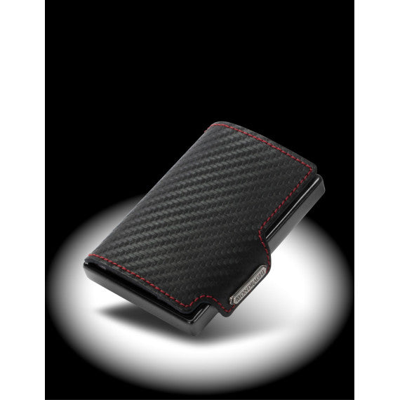 Porta tessere Mondraghi RACING CARBON,mini wallet in pelle con protezione RFID,fino a 9 tessere + banconote Made in Italy