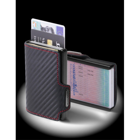 Porta tessere Mondraghi RACING CARBON,mini wallet in pelle con protezione RFID,fino a 9 tessere + banconote Made in Italy