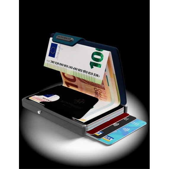 Porta tessere Mondraghi SAFFIANO BLUE,mini wallet in pelle con protezione RFID,fino a 9 tessere + banconote Made in Italy