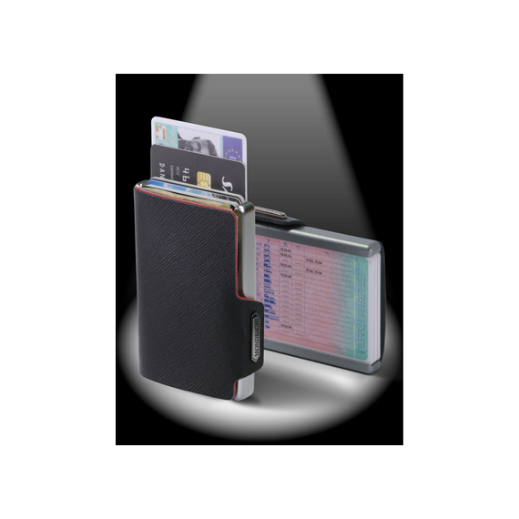 Porta tessere Mondraghi SAFFIANO PLUS BLACK con portamonete,mini wallet in pelle con protezione RFID, 9 cards + banconote