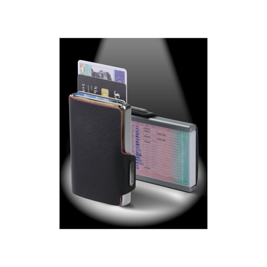 Porta tessere Mondraghi SAFFIANO PLUS BLACK con portamonete,mini wallet in pelle con protezione RFID, 9 cards + banconote