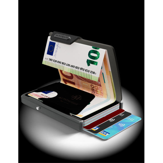 Porta tessere Mondraghi SAFFIANO PLUS BLACK con portamonete,mini wallet in pelle con protezione RFID, 9 cards + banconote