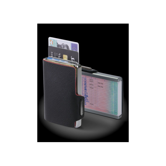 Porta tessere Mondraghi SAFFIANO PLUS BLACK con portamonete,mini wallet in pelle con protezione RFID, 9 cards + banconote