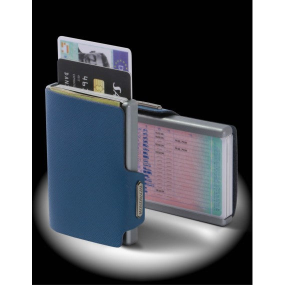 Porta tessere Mondraghi SAFFIANO PLUS BLUE con portamonete,mini wallet in pelle con protezione RFID, 9 cards + banconote
