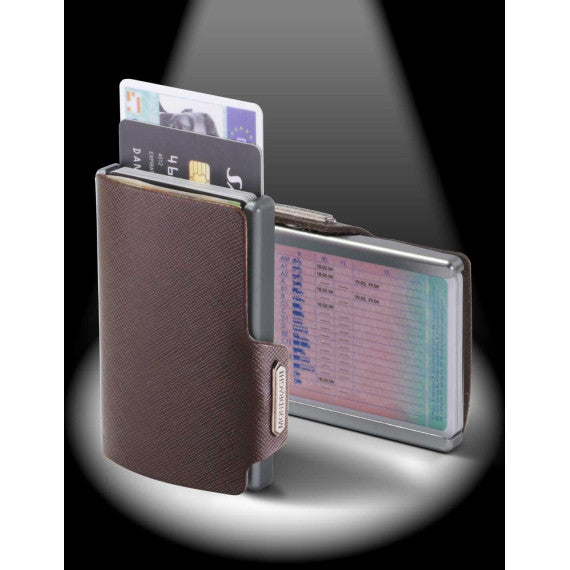 Porta tessere Mondraghi SAFFIANO TEAK,mini wallet in pelle con protezione RFID,fino a 9 tessere + banconote Made in Italy