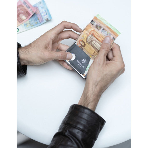 Porta tessere Mondraghi SAFFIANO TEAK,mini wallet in pelle con protezione RFID,fino a 9 tessere + banconote Made in Italy