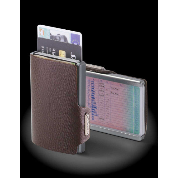 Porta tessere Mondraghi SAFFIANO TEAK,mini wallet in pelle con protezione RFID,fino a 9 tessere + banconote Made in Italy