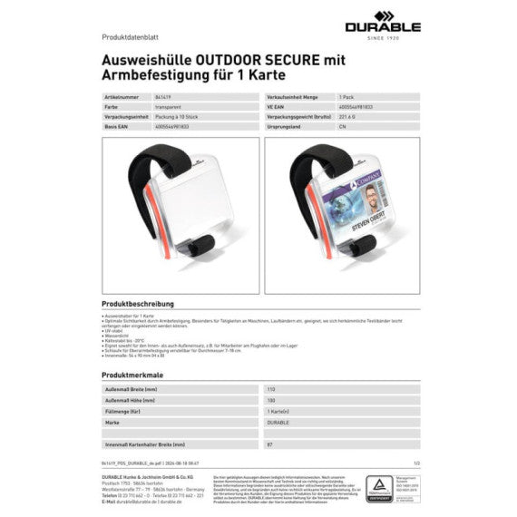 Portabadge da braccio Durable OUTDOOR SECURE 54x87 mm con velcro nero/trasparente Conf. 10 pezzi - 841419
