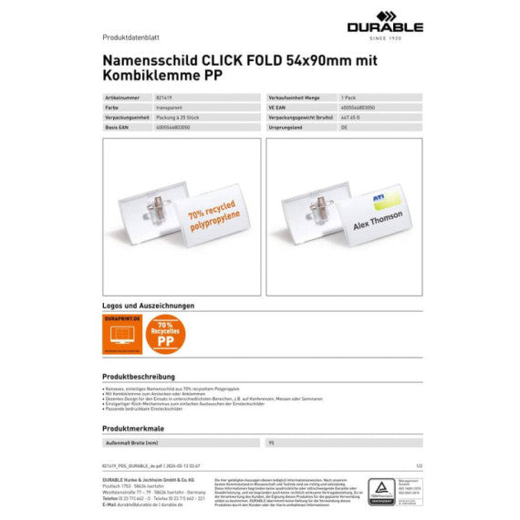 Portanomi DURABLE CLICK FOLD CON COMBI CLIP trasparente inserto 54x90 mm - PPL al 70% riciclato - conf. 25 - 821419
