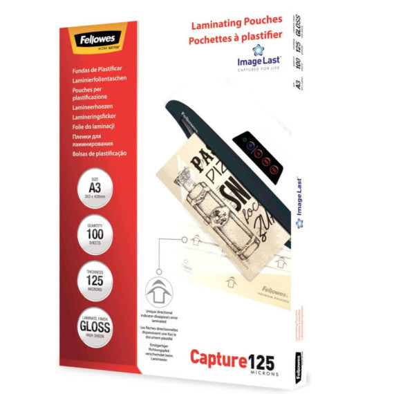 Pouches per plastificatrici Fellowes ImageLast Capture125 finitura lucida - 2x125 µm - A3 - Conf. 100 pezzi  5307506