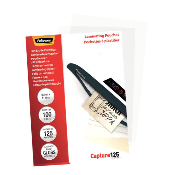 Pouches per plastificatrici Fellowes Standard Capture125 finitura lucida - 2x125 µm 83x113 mm Conf. 100 pz 5307101
