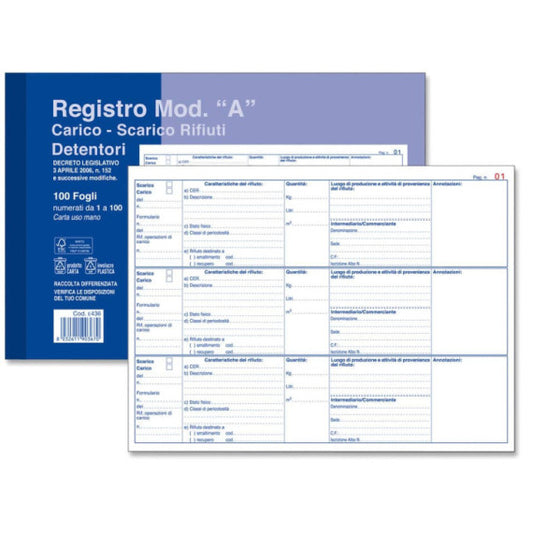 Registro carico-scarico rifiuti O.C.L. Mod. A per detentori - 32x21 cm 0436