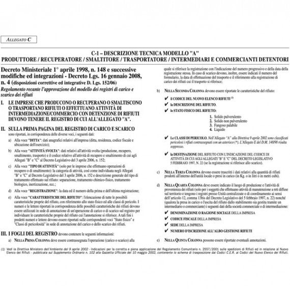 Registro carico/scarico rifiuti detentori (Mod. A) - 22,5 x 29,7cm - 100pg - numerate - Edipro