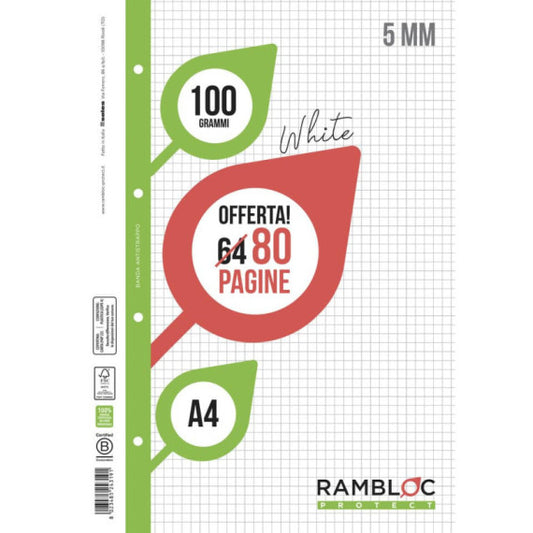 Ricambio quaderni ad anelli Rambloc formato A4 -32 ff + 8 ff 5 mm 90524319