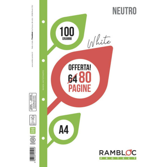Ricambio quaderni ad anelli Rambloc formato A4 -32 ff +8 ff bianco 90524351