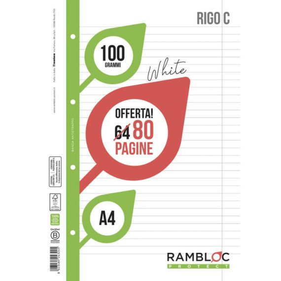 Ricambio quaderni ad anelli Rambloc formato A4 -32 ff +8 ff rigo C 90524324