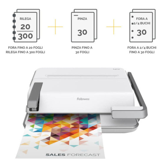 Rilegatrice 3 in 1 Fellowes Lyra a dorsi plastici, pinzatrice e perforatrice 2/4 fori bianco - 5603101