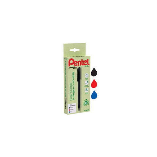 Roller Energel Recycology 96% - punta 0,7 mm - nero/rosso/blu - Pentel - conf. 3 pezzi