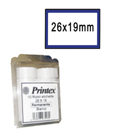 Rotolo da 600 etichette per Printex Z 17 - 26x19 mm - adesivo permanente - bianco - cornice blu - Printex - nero - pack