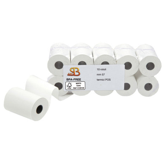 Rotolo per POS e carte di credito - 57 mm x 20 m - diametro esterno 40 mm - anima 12 mm - 55 gr - carta termica BPA free