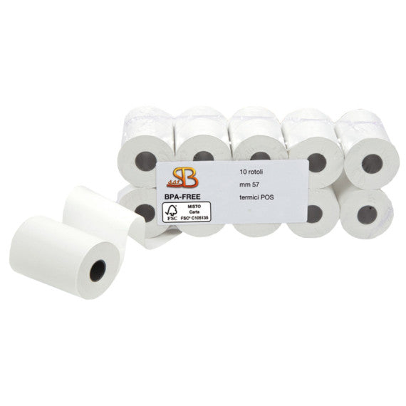 Rotolo per POS e carte di credito - 57 mm x 20 m - diametro esterno 40 mm - anima 12 mm - 55 gr - carta termica BPA free