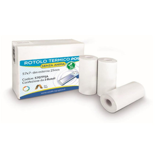Rotolo per POS e carte di credito - carta termica BPA free - 57 mm x 7 mt - 55 g/m² - diametro esterno 25 mm - senza an