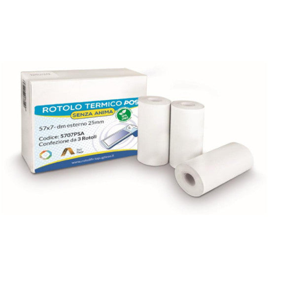 Rotolo per POS e carte di credito - carta termica BPA free - 57 mm x 7 mt - 55 g/m² - diametro esterno 25 mm - senza an