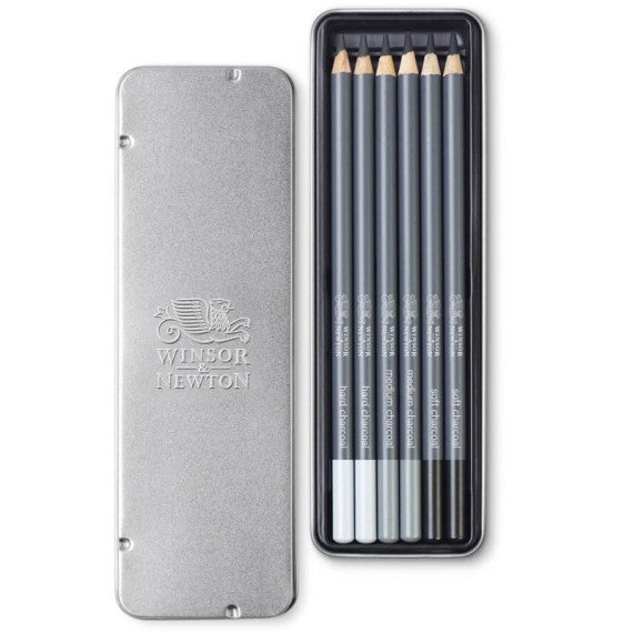 Scatola in metallo da 6 matite in carboncino Winsor&Newton nero 0490025