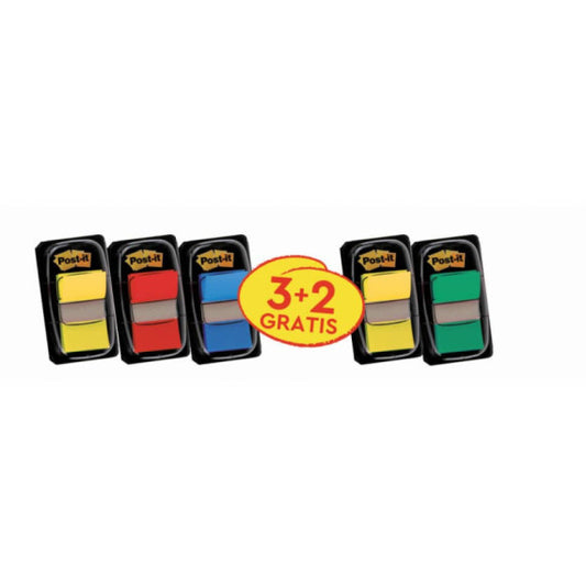 Segnapagina Post-it® index 680 con dispenser - 24,5x43,6 mm Value pack 3+2 rosso, verde, giallo, blu - 680-3+2