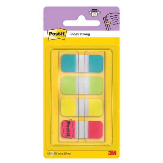 Segnapagina removibili Post-it® Index Strong Mini con dispenser - 4 blocchetti da 10 ff - turchese-lime-giallo-rosso
