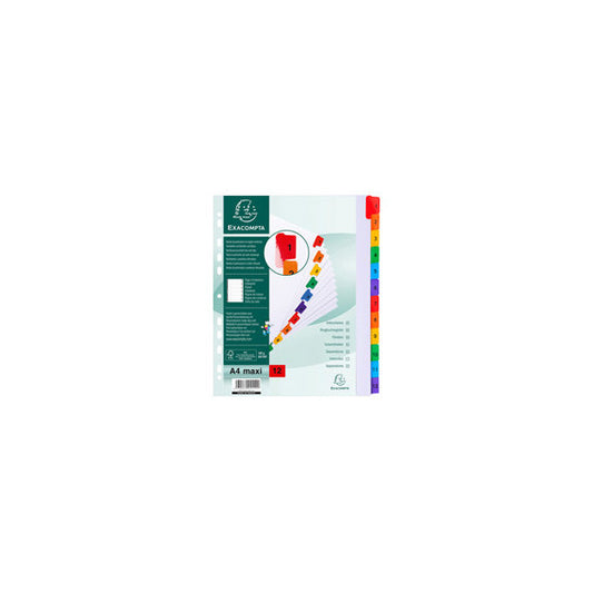 Separatore numerico 1/12 - cartoncino bianco 160 gr - tasti colorati - A4 maxi - Exacompta