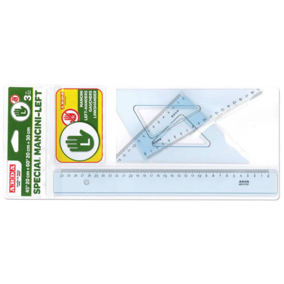 Set disegno 3 pezzi per mancini Arda 2 squadre 45°e 60° + 1 righello 30 cm 70420MAN