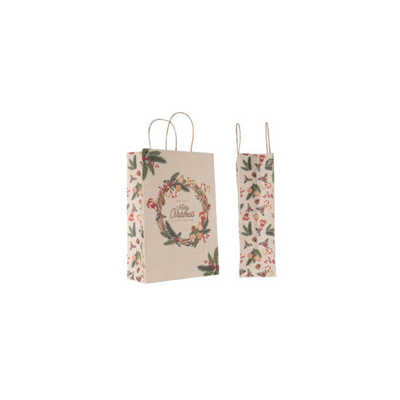 Shopper - maniglie cordino - 18 x 8 x 24 cm - carta kraft - natale ghirlanda verde - Mainetti Bags - conf. 25 pezzi