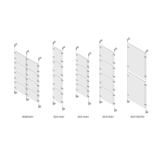 Sist. a cavetto 4 pannelli porta-avvisi Tecnostyl A4 in acril. 27x4,5x400 cm con tasselli fissaggio parete silver-SC41A4