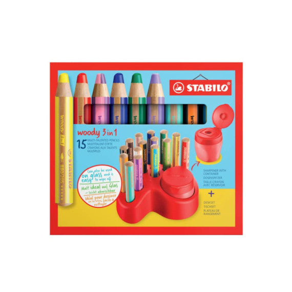 Stabilo Woody 3 in 1 deskset più temperino - conf. 15 pz - colori assortiti - 880/15-01
