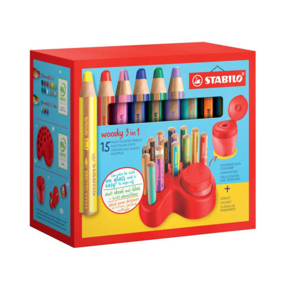 Stabilo Woody 3 in 1 deskset più temperino - conf. 15 pz - colori assortiti - 880/15-01
