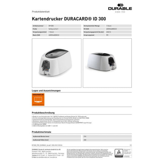 Stampante per tessere Durable DURACARD® ID 300 - 1 stampante + 1 starter kit (nastro colori + 100 tessere) - 8910-00