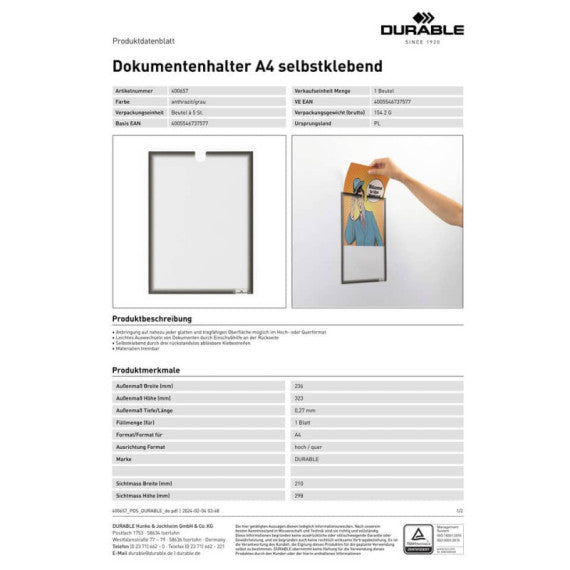 Tasca porta documenti adesiva Durable formato A4 grigio antracite in conf. 5 pz - 4006-58