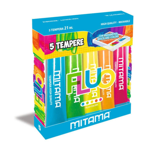 Tempera Mitama Più Lavabile - colori fluo assortiti - conf. 5 tubetti da 21 ml - 62869