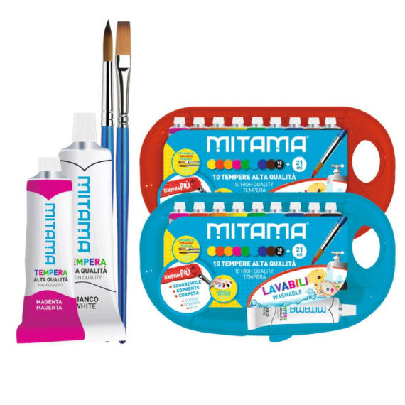 Tempera Mitama Più Superlavabile con tavolozza - 9 tubi da 10 ml assortiti + 1 tubo bianco 21 ml + 2 pennelli 61930